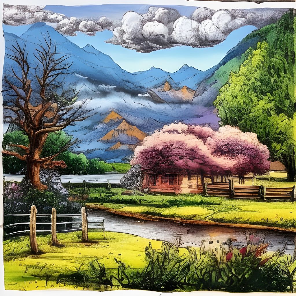 Colorful Landscape Painting with Rolling Hills