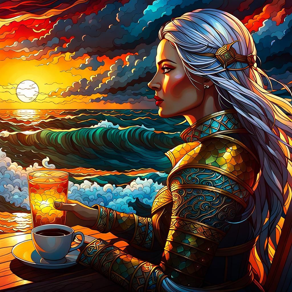 Iridescent Stained glass Yellow Witcher girl on sunshine sea with waves and a storm curving move between two coffe glass...