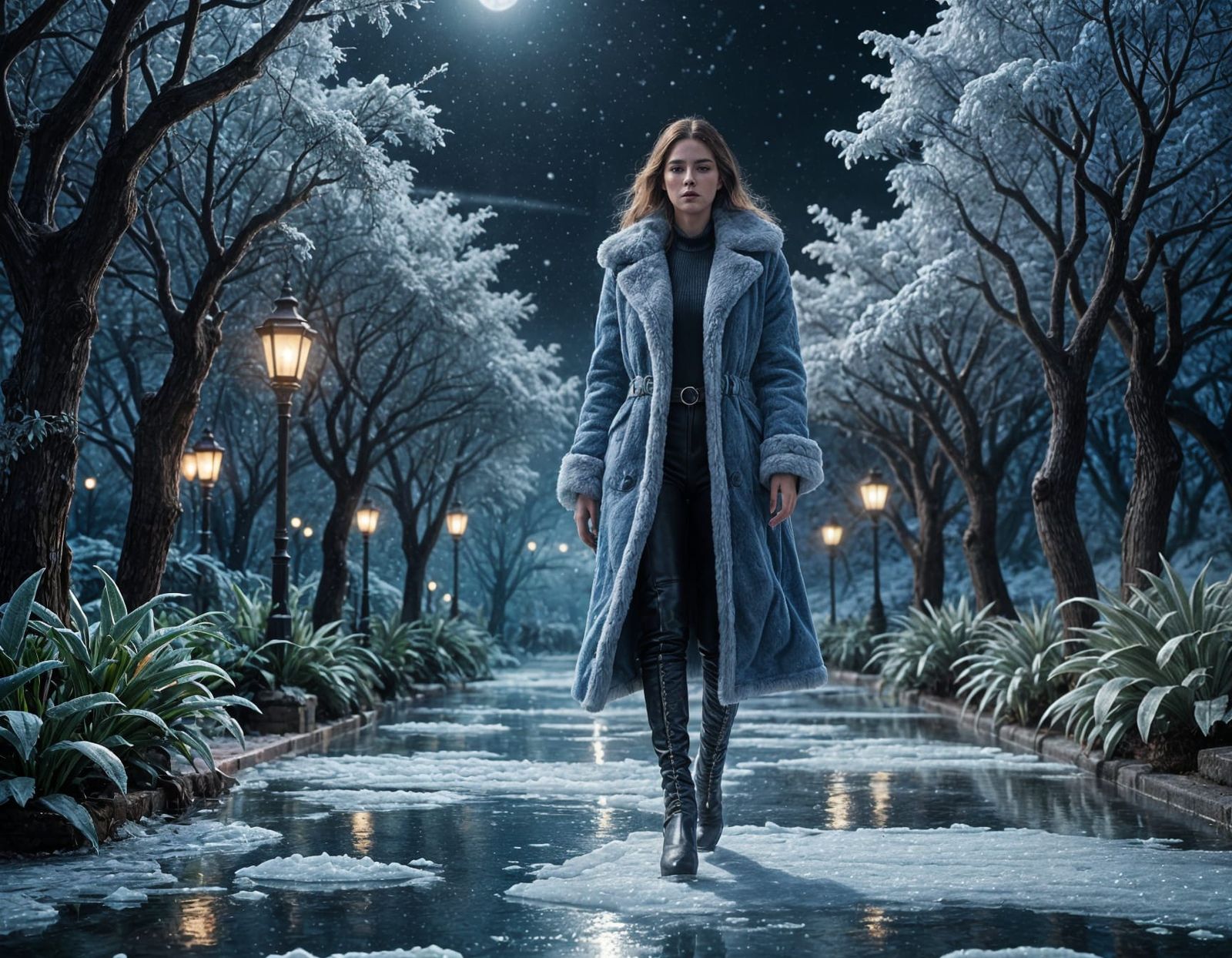 Model in Fur Coat Walks on Moonlit Ice