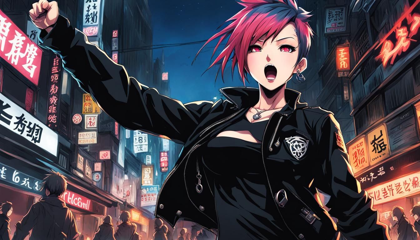 Punk Girl Raises Fist in Anime Art Style
