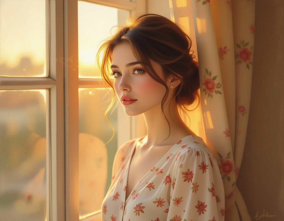 Impressionist Portrait of Woman in Golden Sunset Light