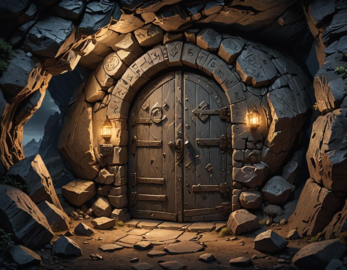 Dwarfs Discover Runestone Doorway in Mountain Cave