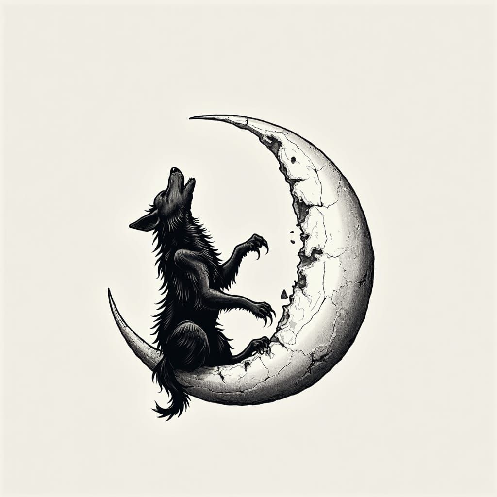 Minimalist Wolf Tattoo Howling at Crescent Moon