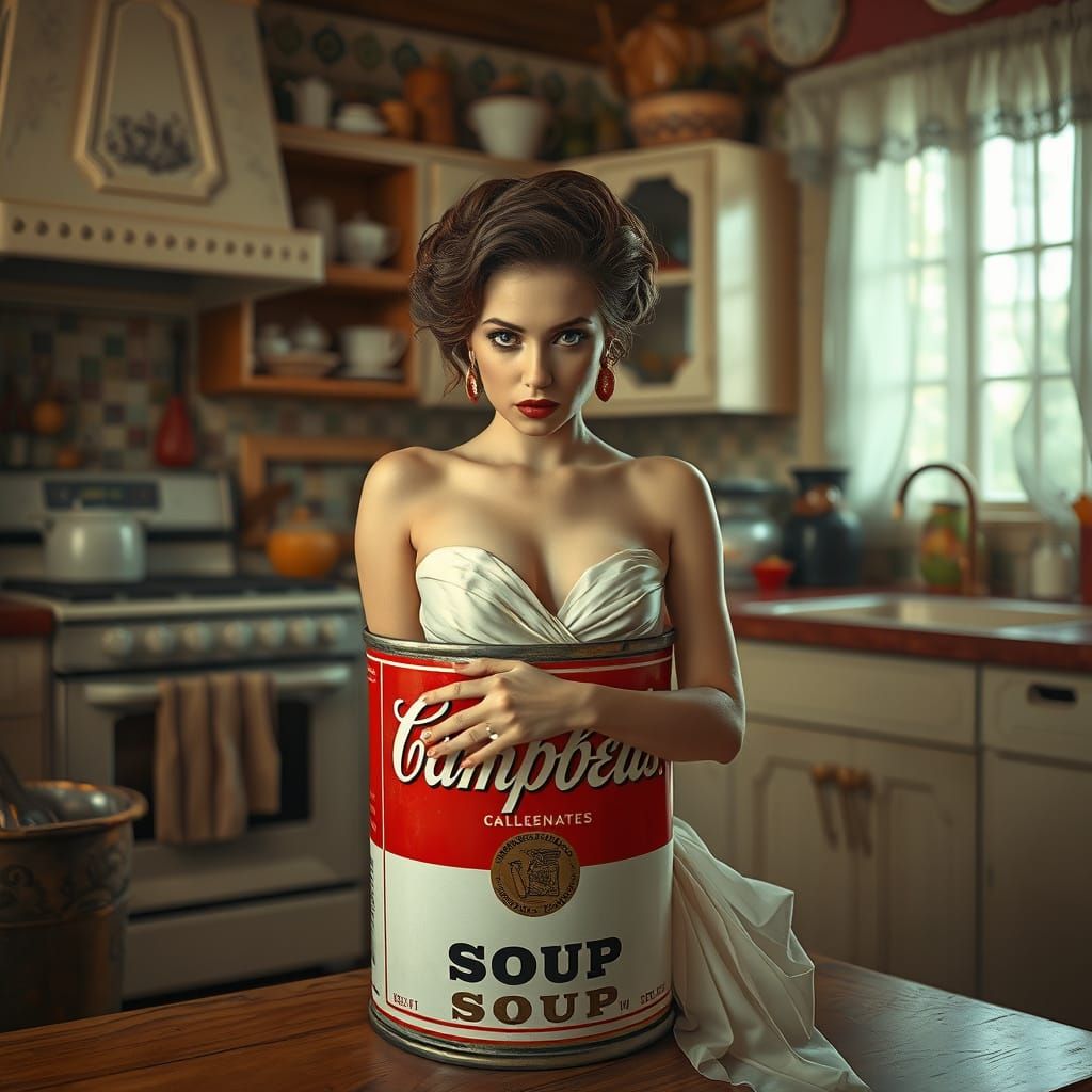 Woman Emerges From Soup Can in Hyperrealistic Style