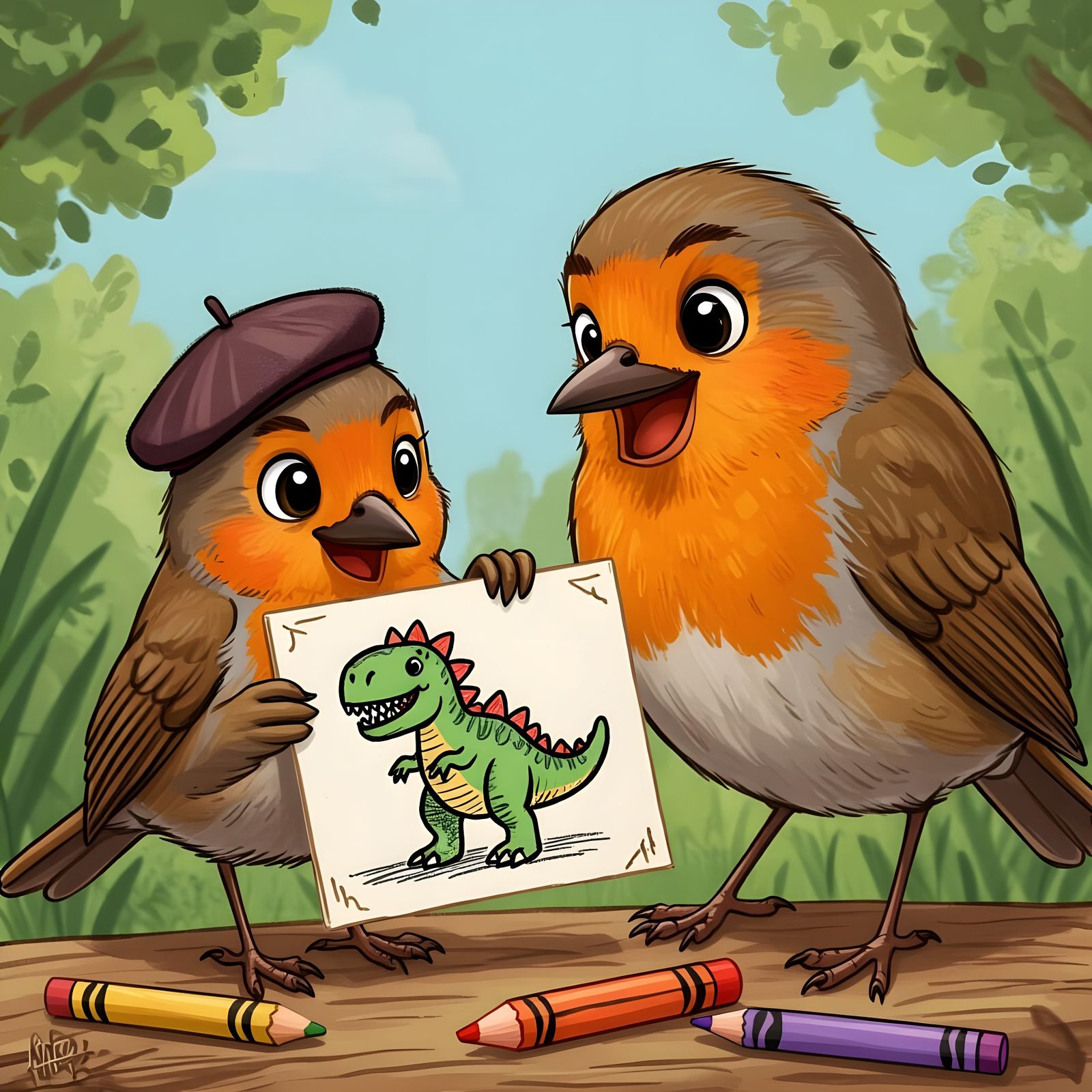 Robin Bird Shows Dinosaur Art with Beret