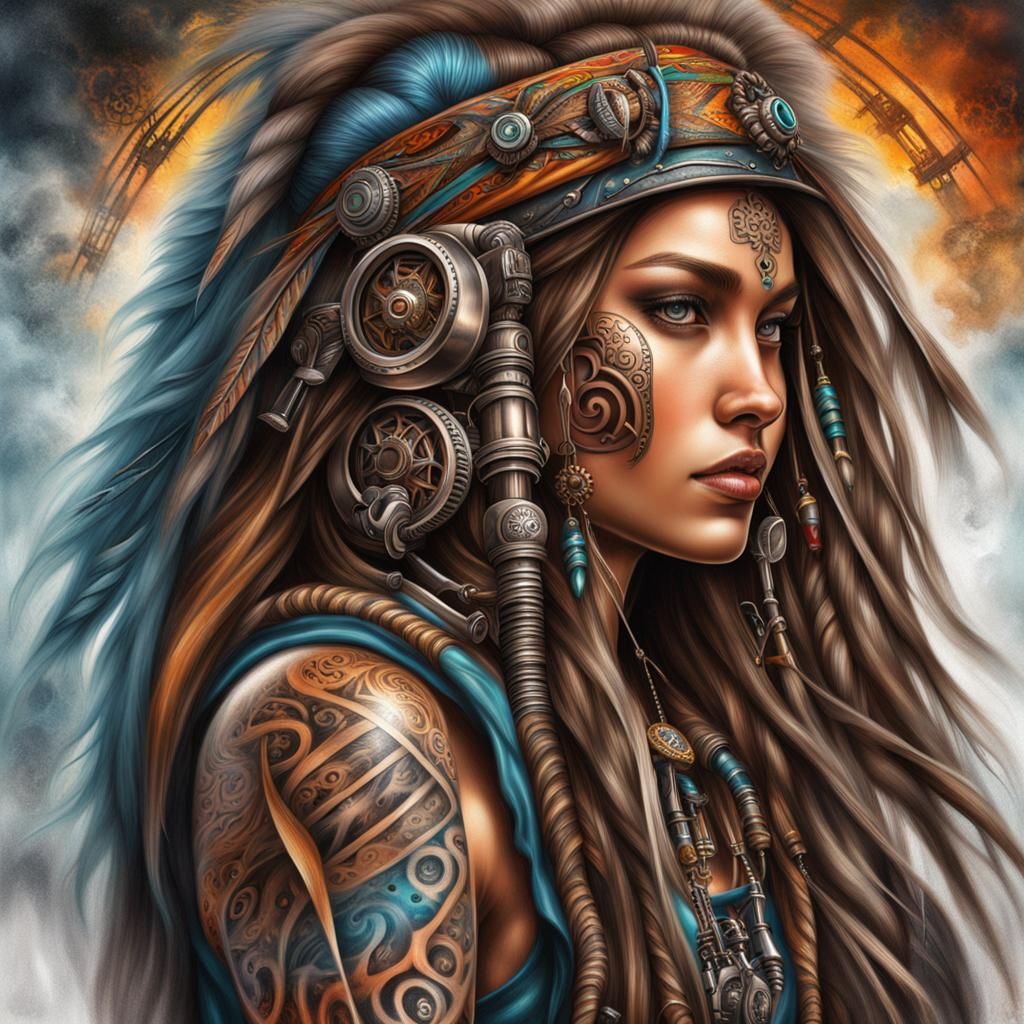Tribal Girl Portrait with Steampunk Engine: Airbrush Art
