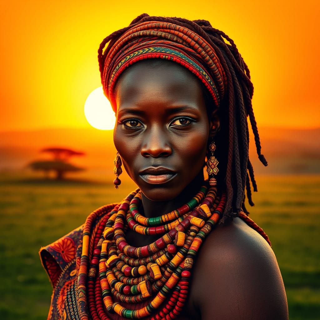 African Warrior Queen Standing Defiantly Against Golden Suns...