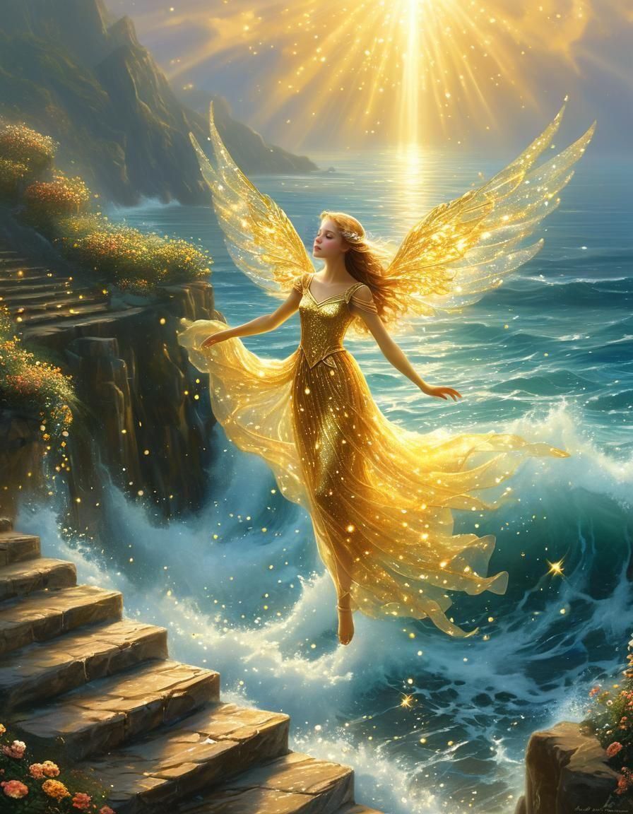 Golden Fairy Descends with Light: Ethereal Fantasy
