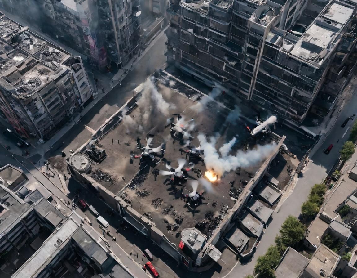 Drone footage of warfare in urban setting