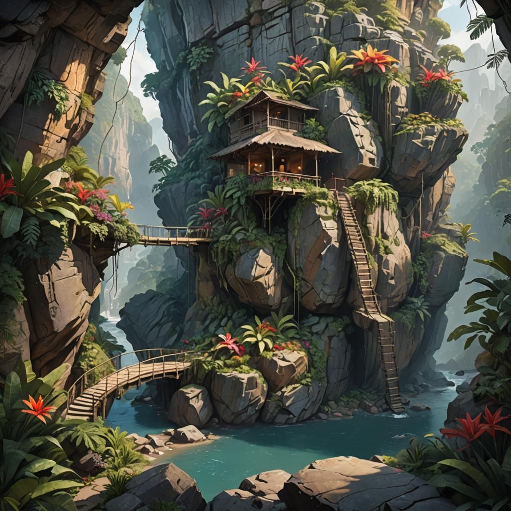 Tropical Cliffside Hideout: Hyperrealistic Concept Art