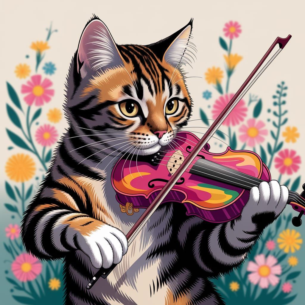 Playful Cat Performs on a Vibrant Colored Violin