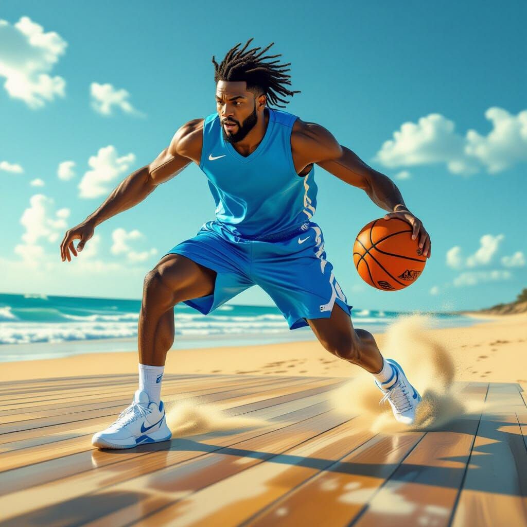 Basketball Player Dribbles Grenade on Beach Court