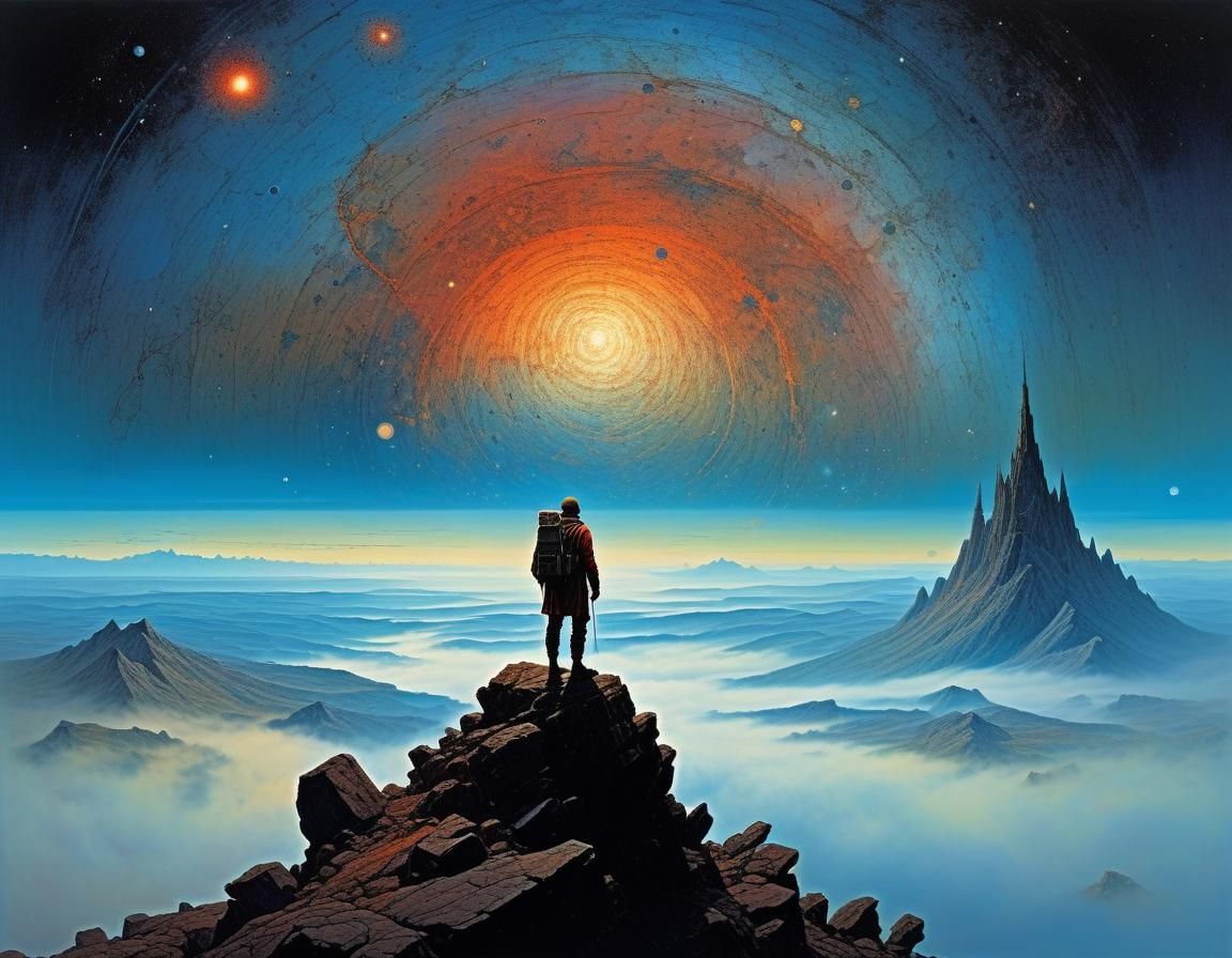 Adventurer's Breathtaking View of Space, Beksiński Style