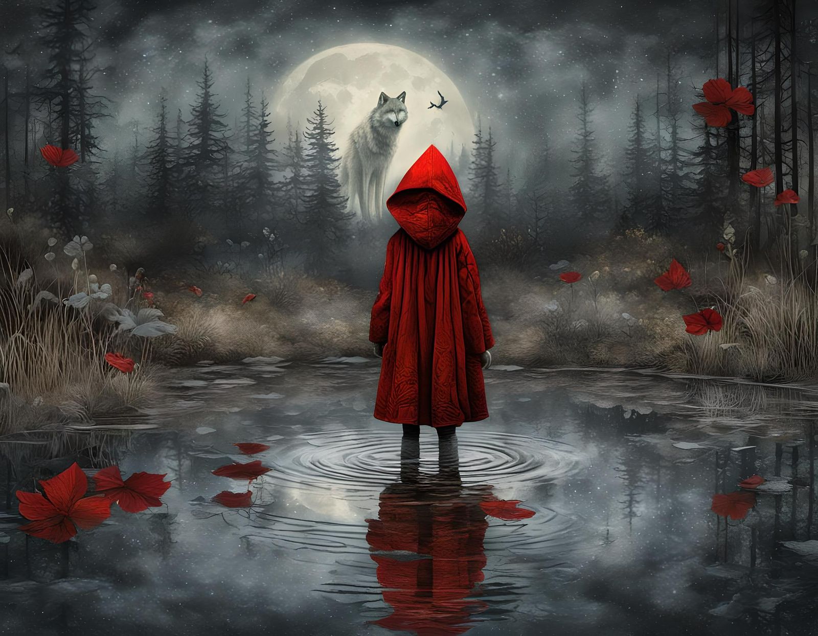 Little Red Riding Hood in Pond at Night