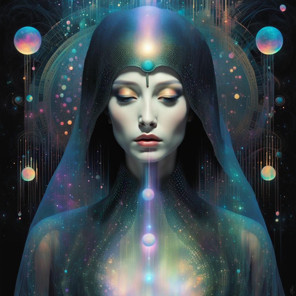 Ethereal Mist Goddess in Holographic Glitch Matrix