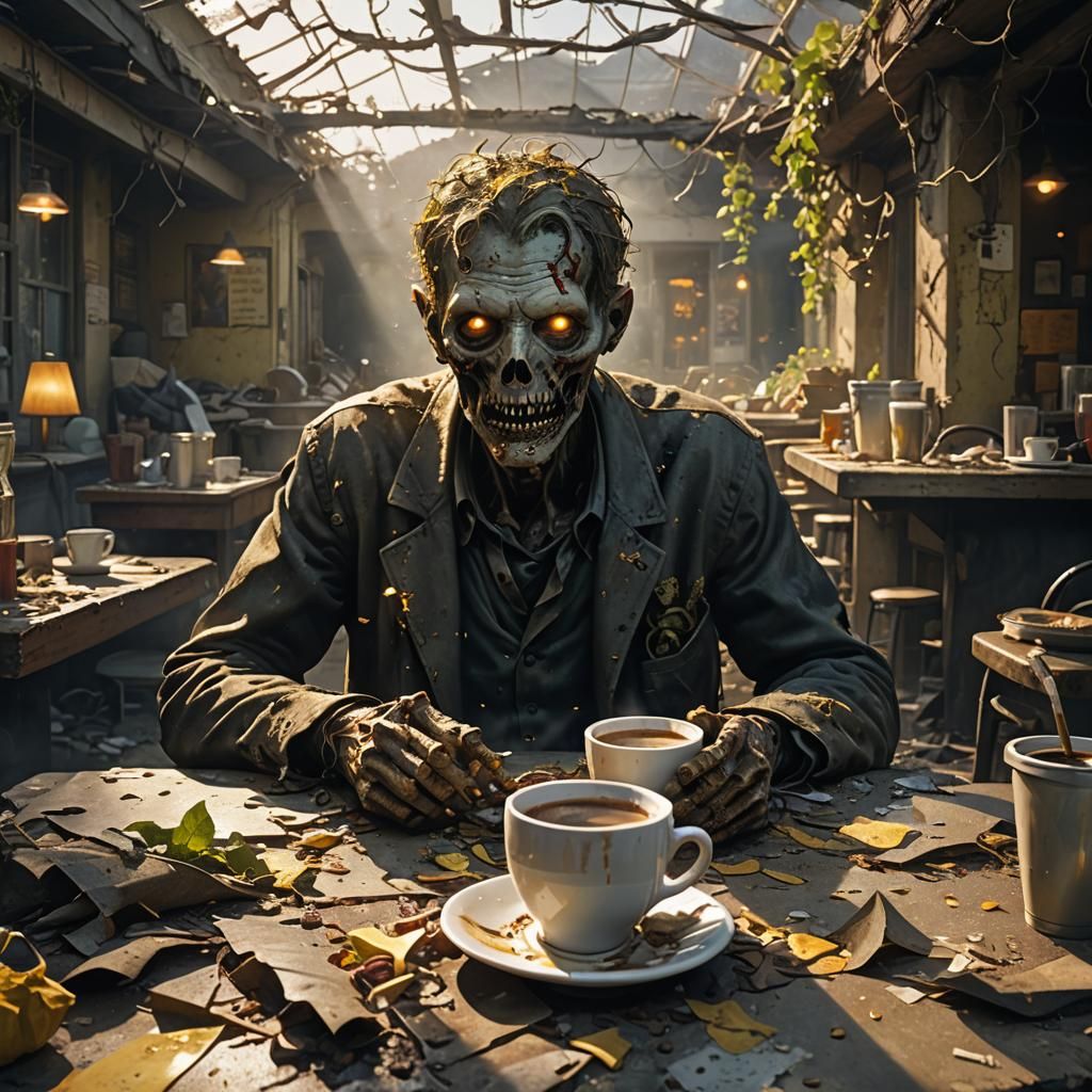 Zombie's Coffee Break: Ethereal Glow in Ruined Cafe
