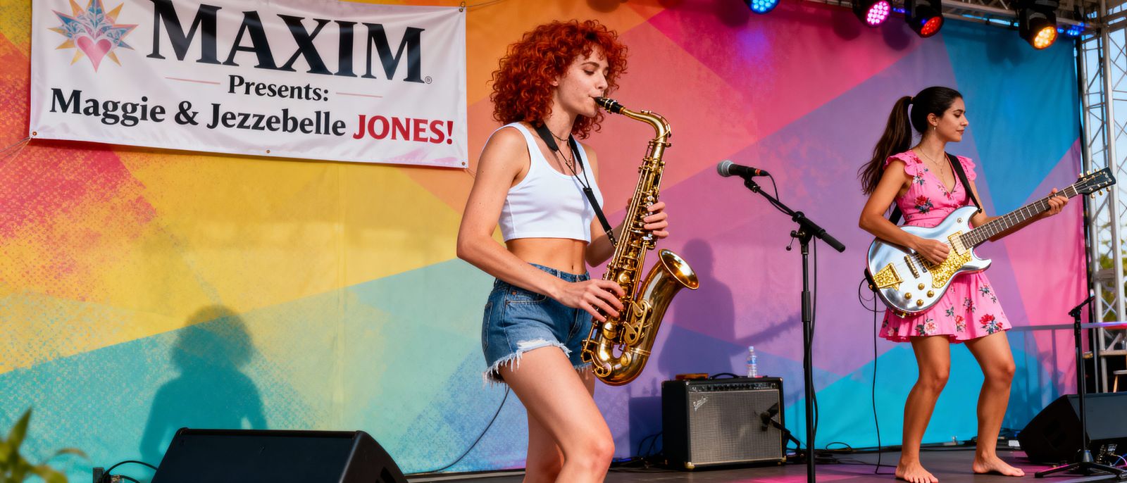 Musicians Perform Live: Redhead Saxophonist and Guitarist