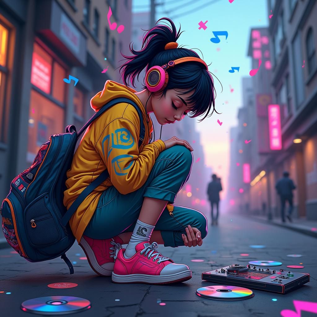 Girl with Discman in Urban Anime Concept Art