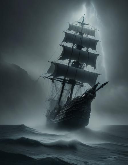 Ghostly Pirate Ship on Raging Ocean with Lightning