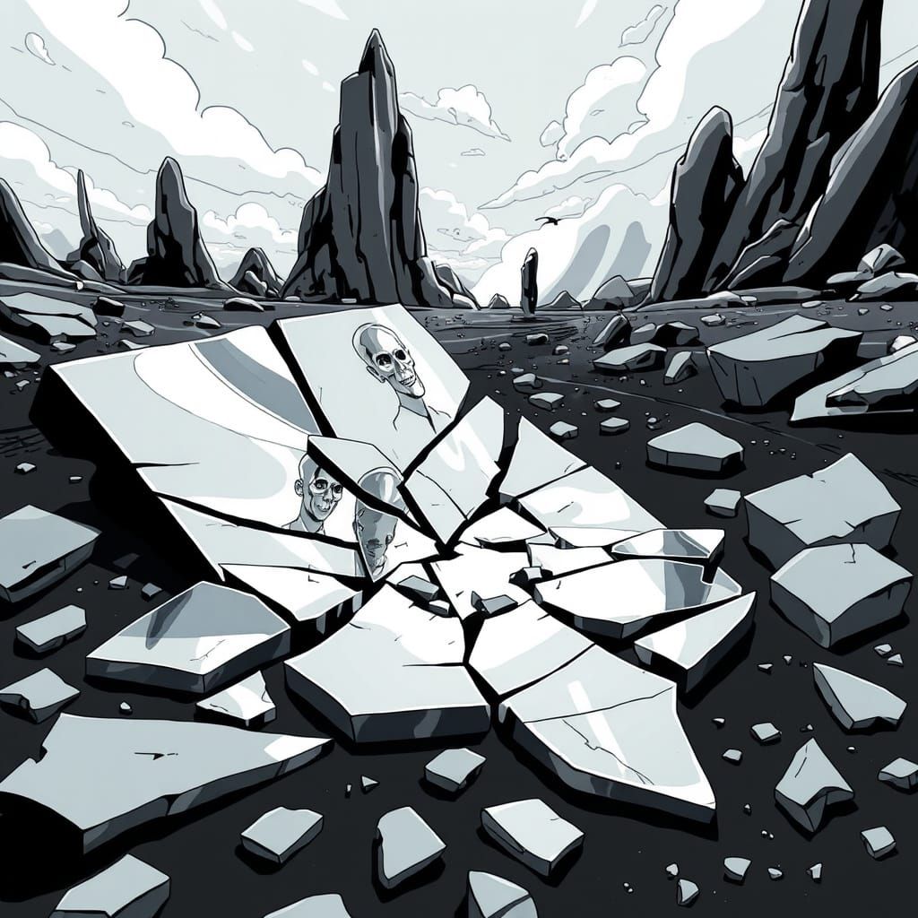 hyperreal broken fragmented mirror black and white cartoon complete image