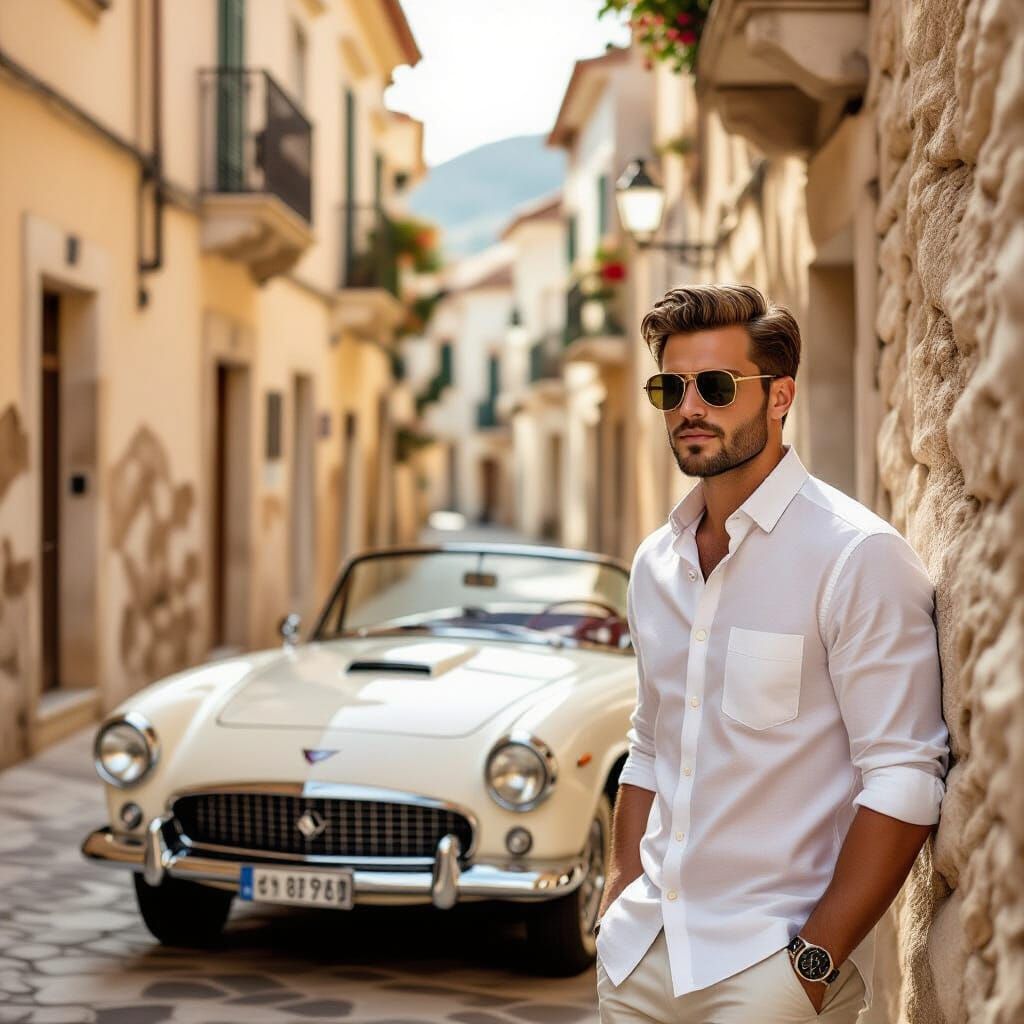 Vintage Convertible in Mediterranean Town, Wes Anderson Styl...