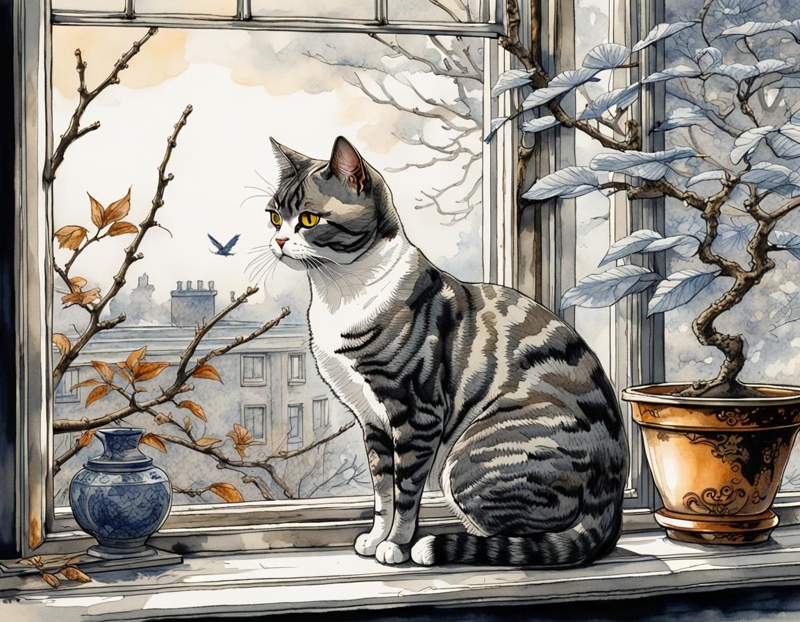 British Shorthair Cat on Windowsill, Gloomy Watercolor Style