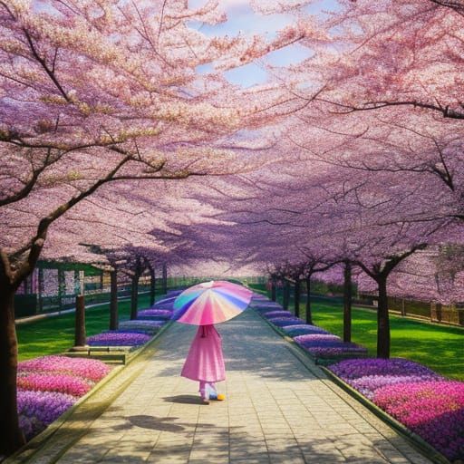 Little Girl in Whimsical Hanbok Walks in Cherry Blossom Gard...