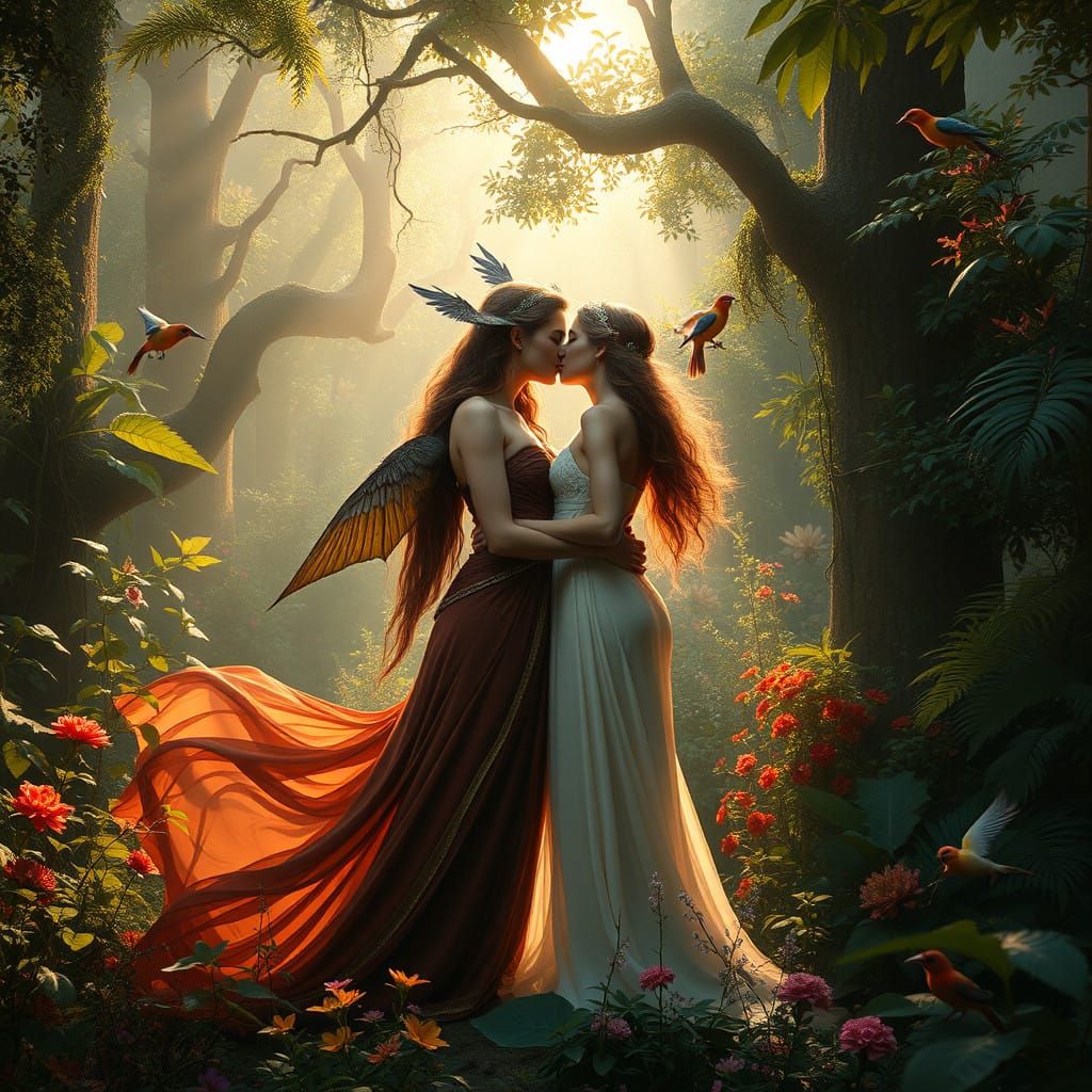 Ethereal Fantasy Nymph and Dryad in Lush Forest