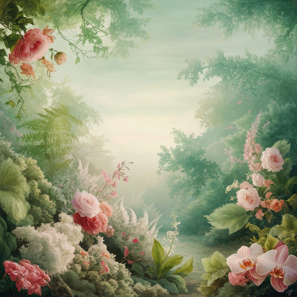 Lush Natural Landscape Painting with Delicate Flowers