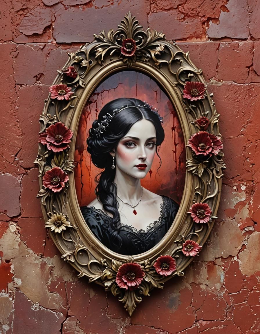 Gothic Woman: Oval Watercolor Portrait with Floral Frame
