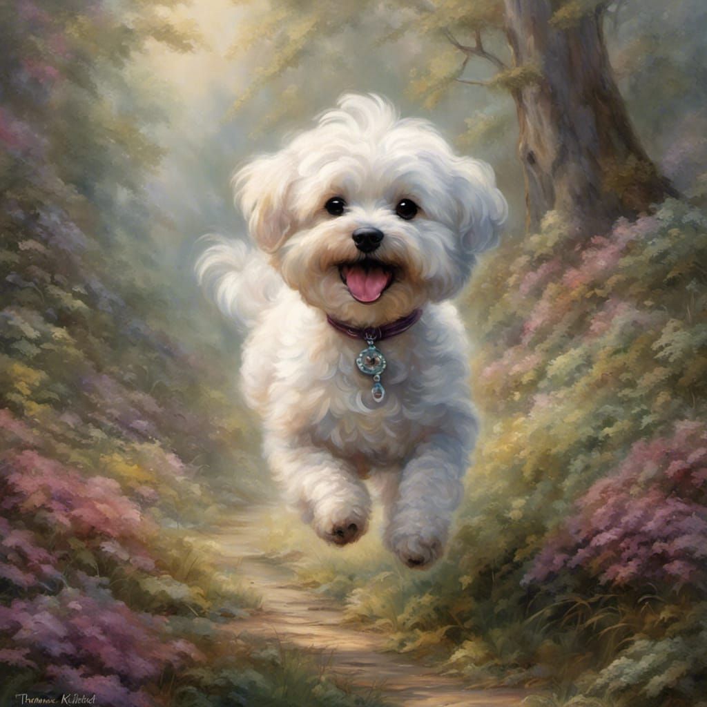 Maltipoo Prancing Through Forest in Kinkade Style