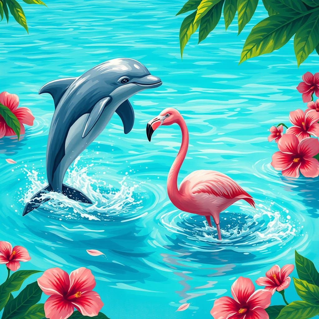 Dolphin and Flamingo Play in a Tropical Lagoon