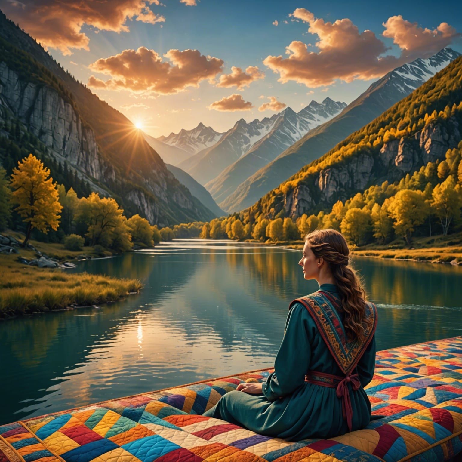 Sunset River Scene: Quilt Art Digital Painting