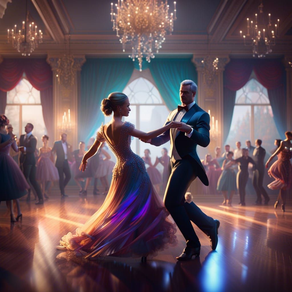 Elegant Couple Dancing in Ballroom, Hyperdetailed Art