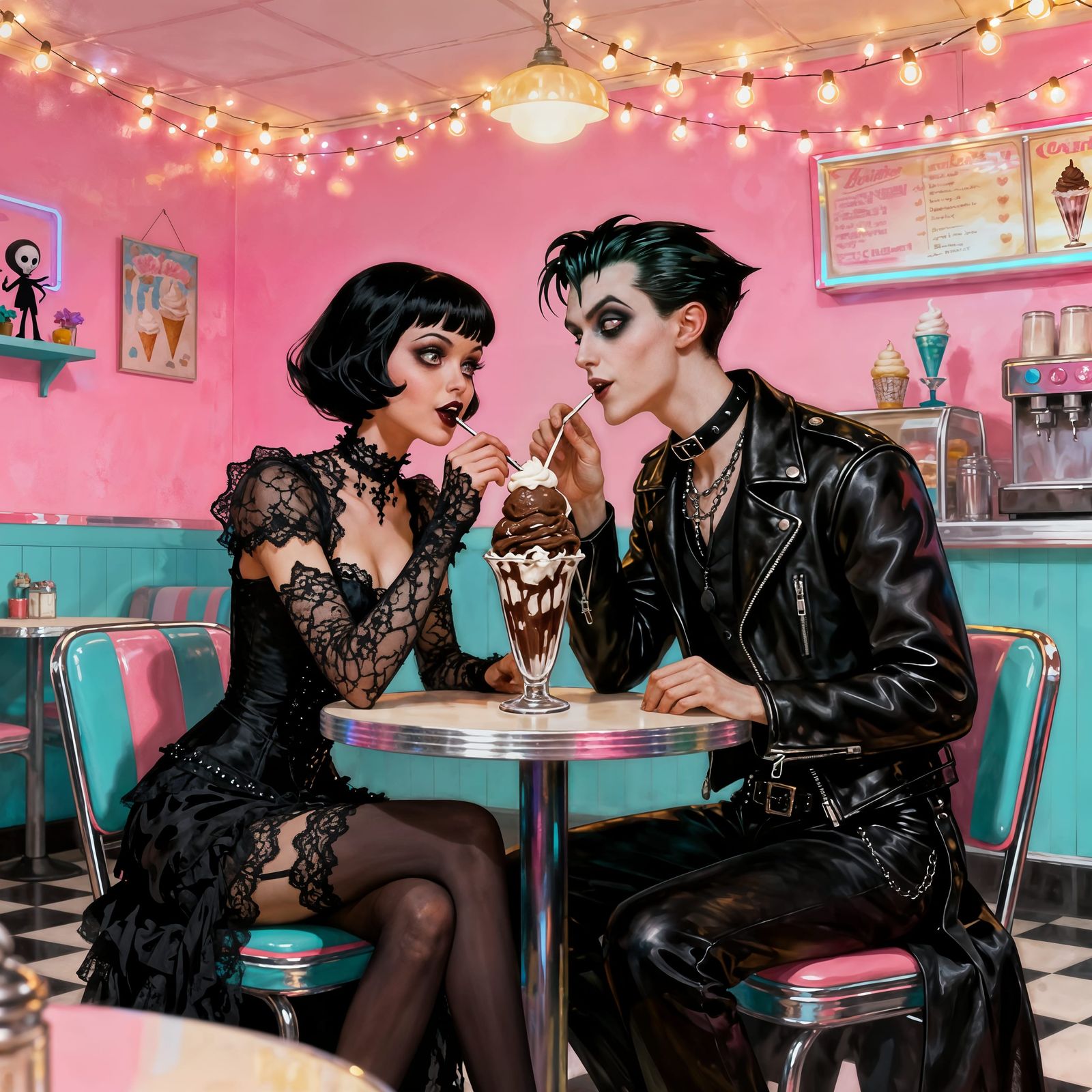 Goth Couple Enjoys Sundae in Whimsical Ice Cream Parlour