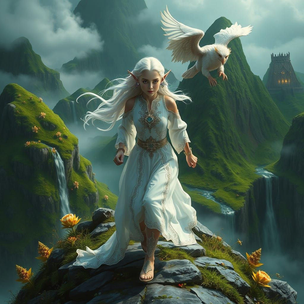 Elegant Fantasy Elf Ascends a Verdant Peak