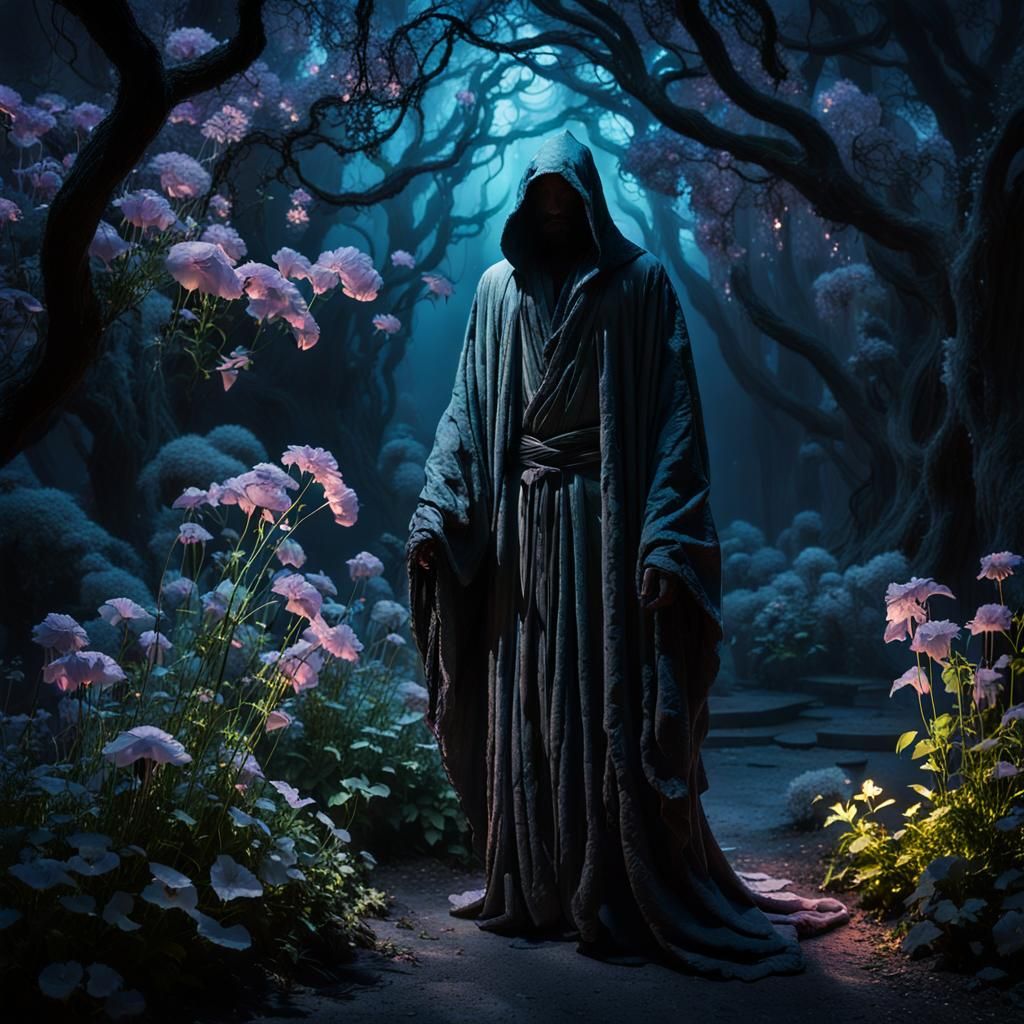 Ominous Figure in Bioluminescent Underworld Garden