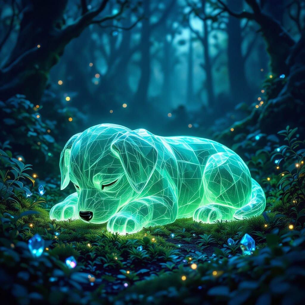 Emerald Stone Puppy in Enchanted Bioluminescent Forest