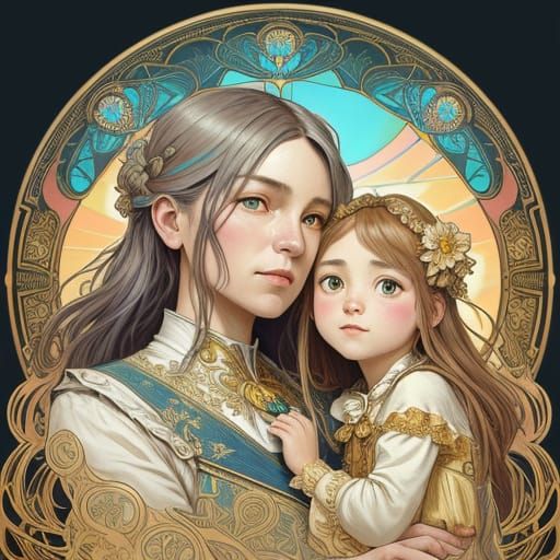 Whimsical Art Nouveau Portrait of a Wise Man and a Girl