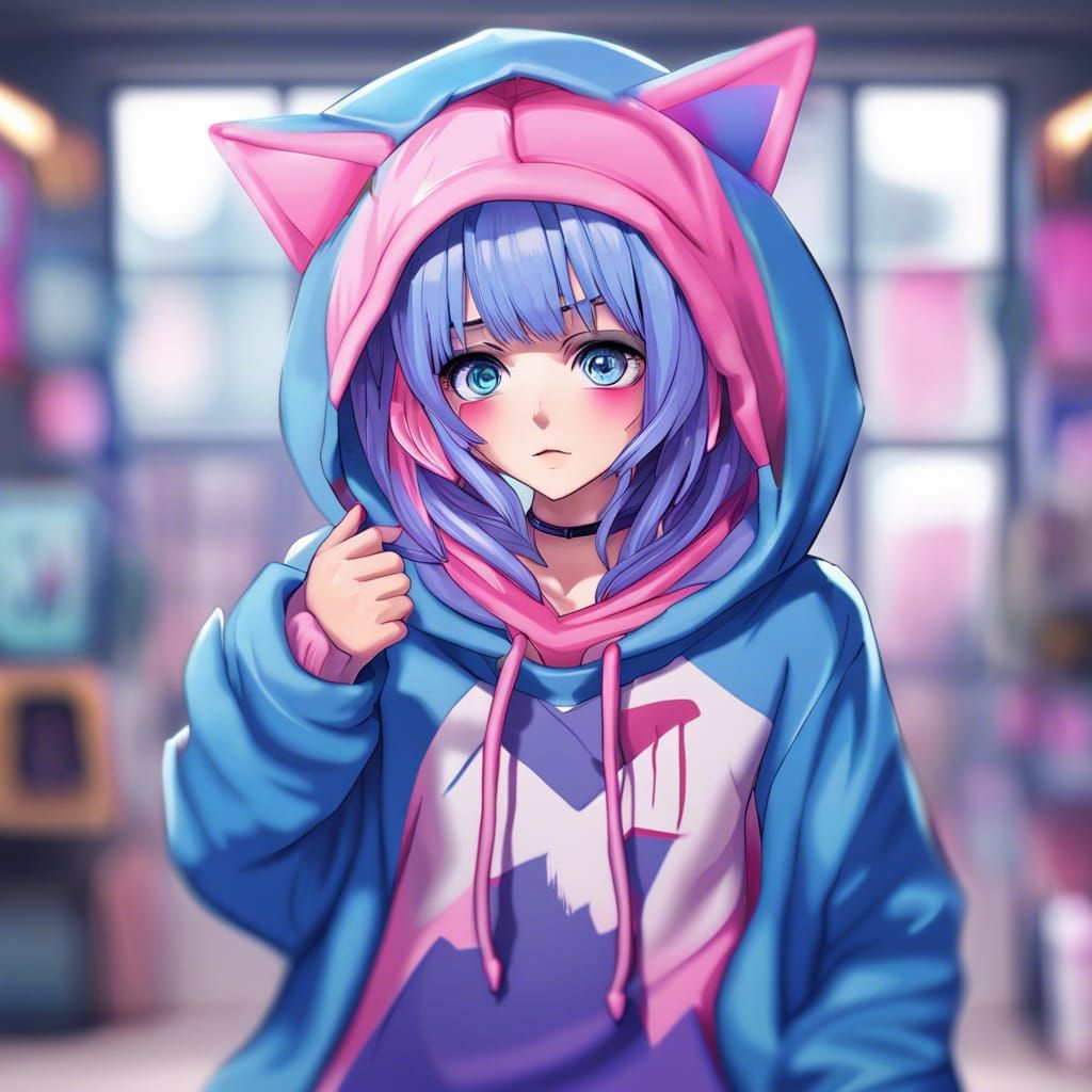 Anime Girl with Cat Hoodie in Hyperrealistic Style