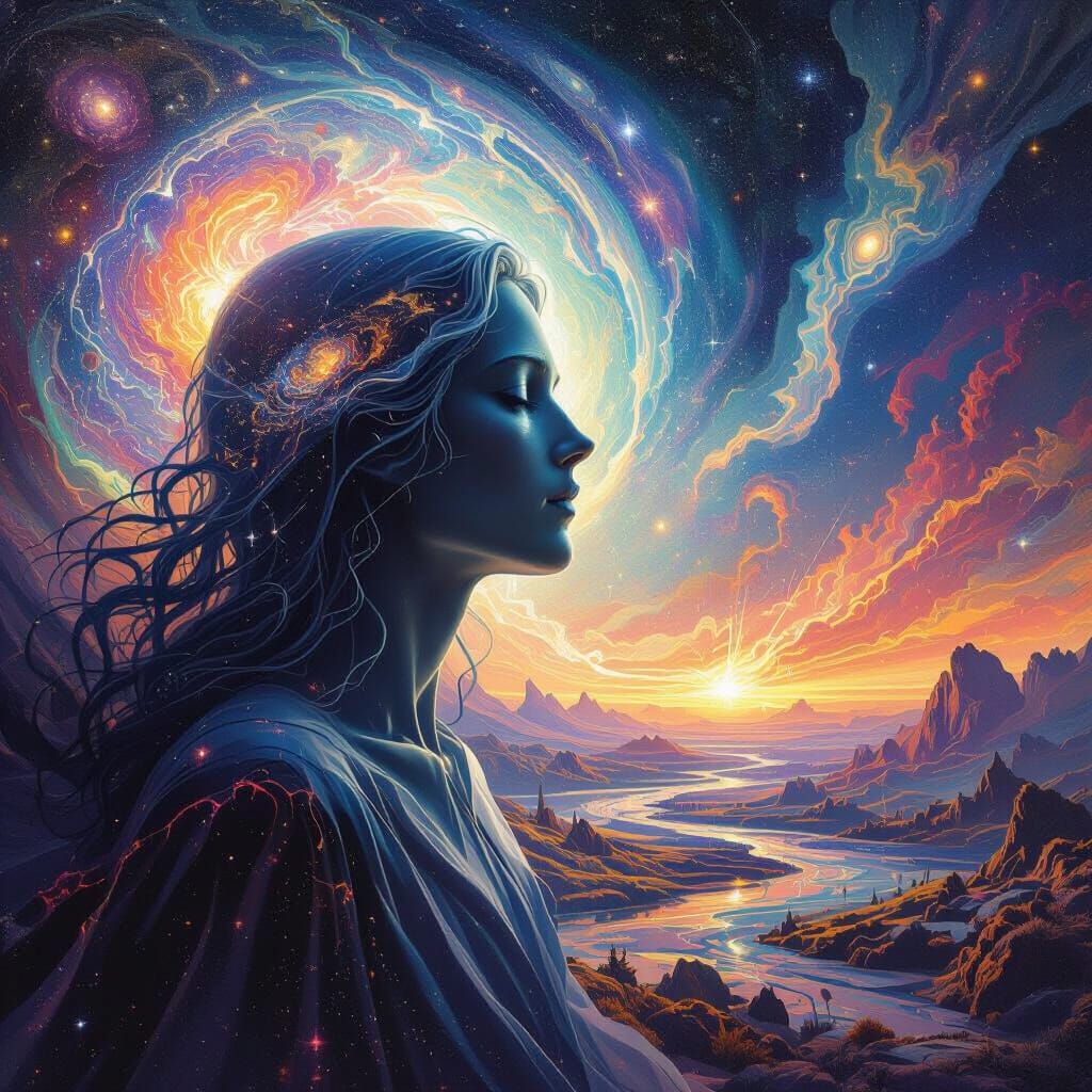 Ethereal Figure Gazes Outward in Cosmic Dreamscape