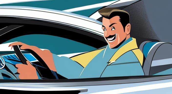Crazy Driver Smiling: Comic Book Style Image