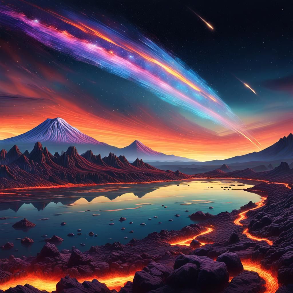 a cosmic paysage with shooting star and galaxies . on the river there is the reflet of volcans and lava