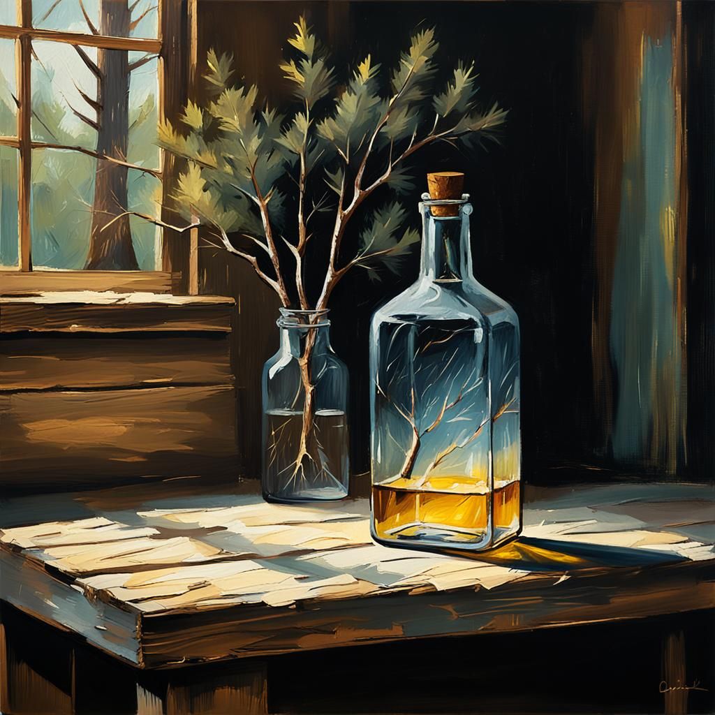 Impressionistic Lightning Bottle on Rustic Shelf