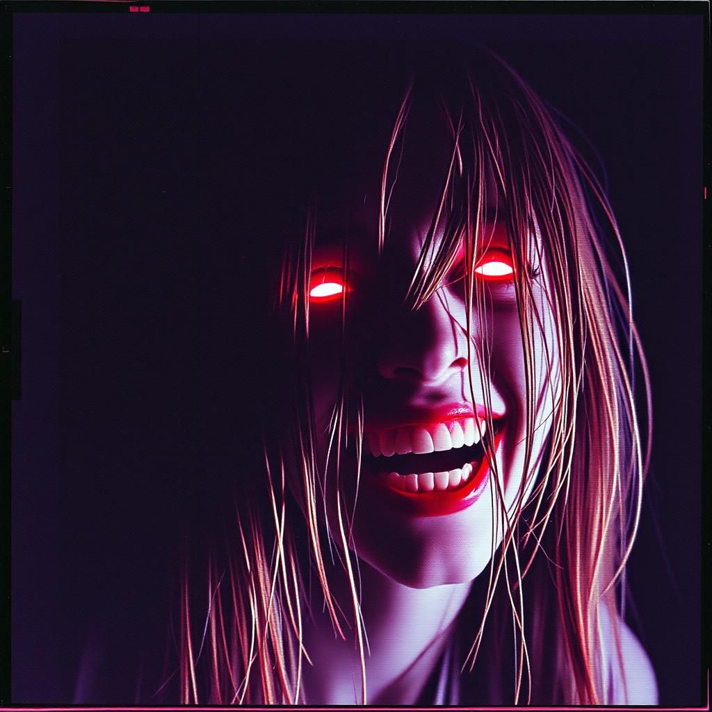 Eerie Woman with Glowing Eyes in VHS Horror Style