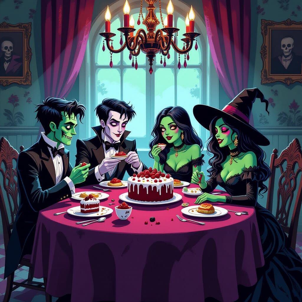 Gothic Monster Party: Youthful Monsters Enjoy Spooky Cake