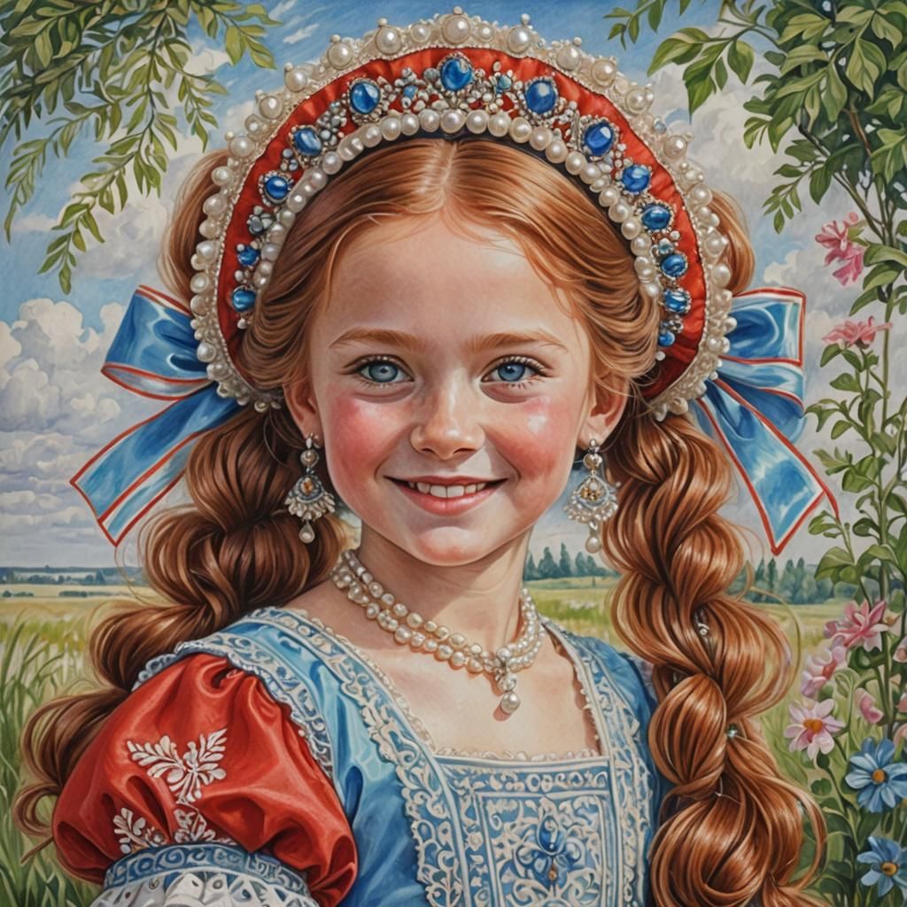 Smiling Russian Girl in Traditional Costume, Colored Pencil