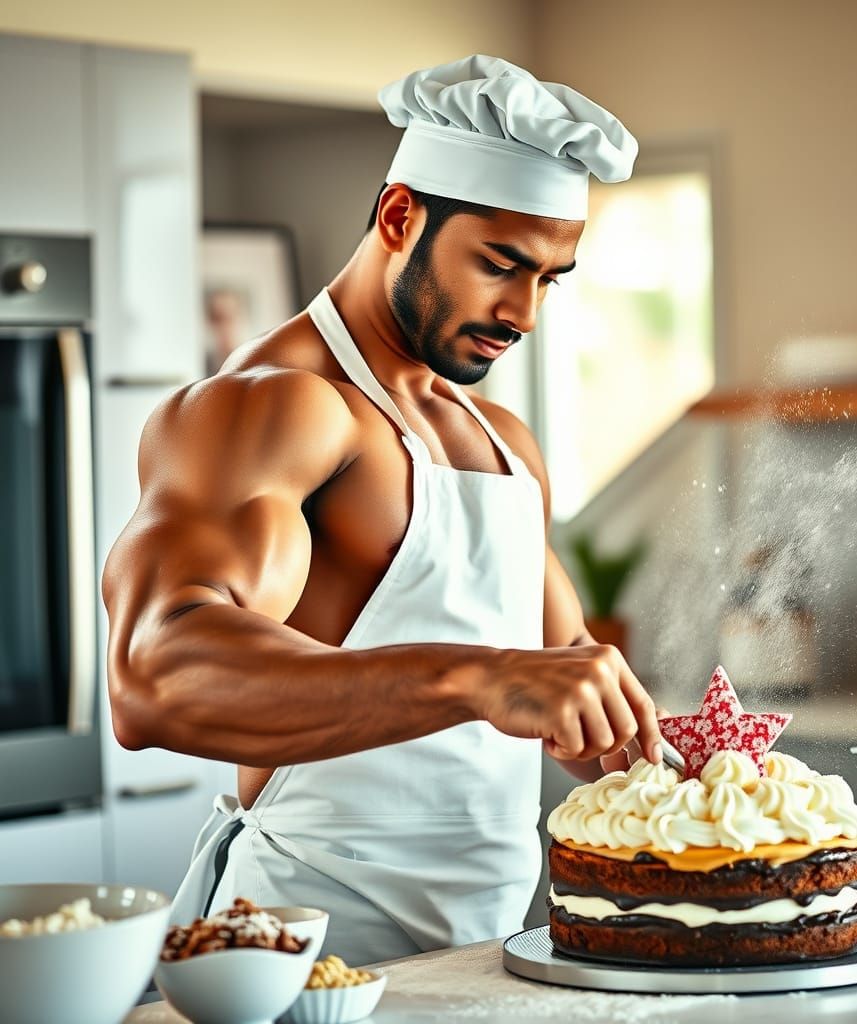 Muscular Chef Baking Cake in Modern Kitchen