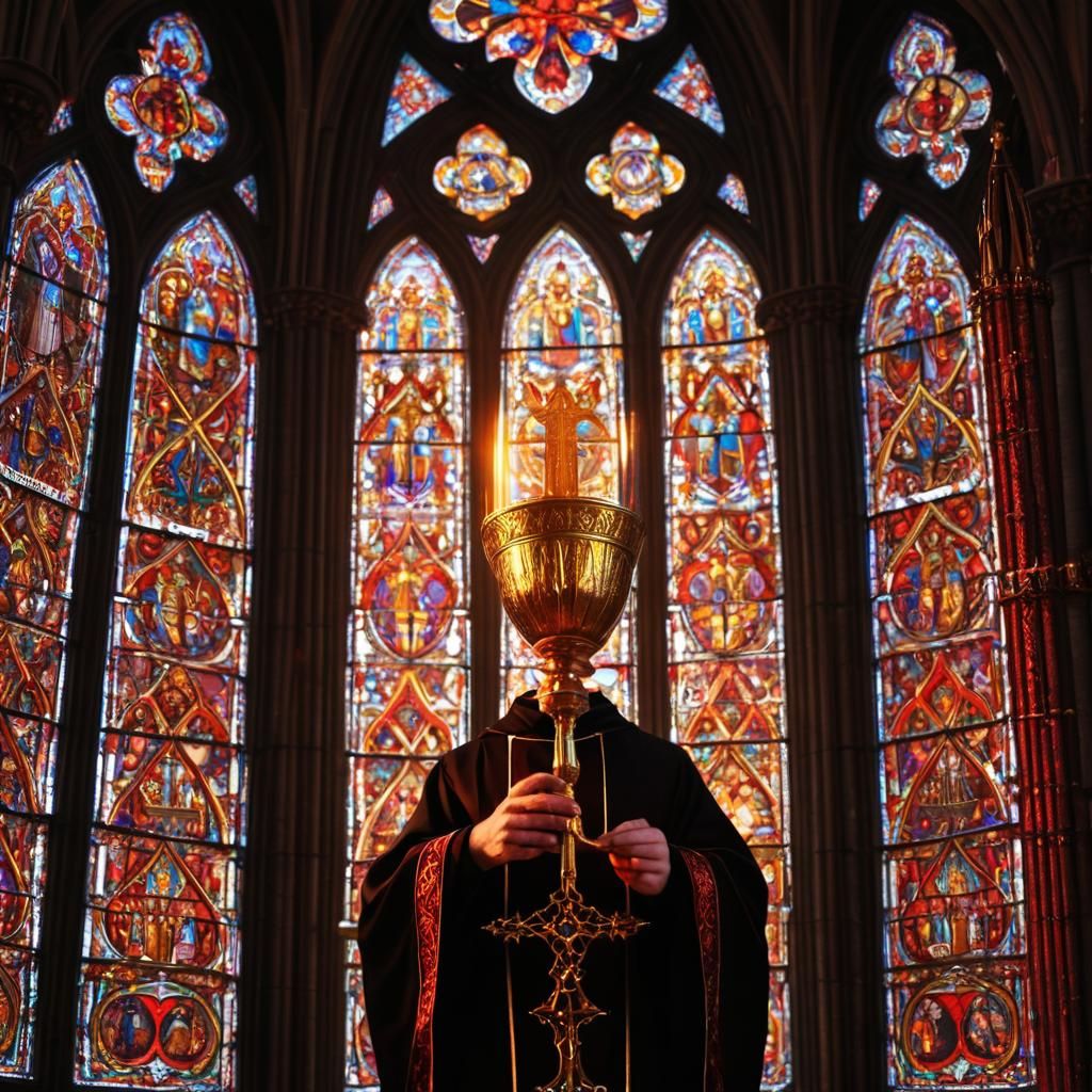 Priest Holding Chalice in Gothic Cathedral
