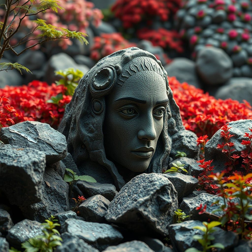 Hyperrealistic Japanese Rock Garden with Mysterious Face